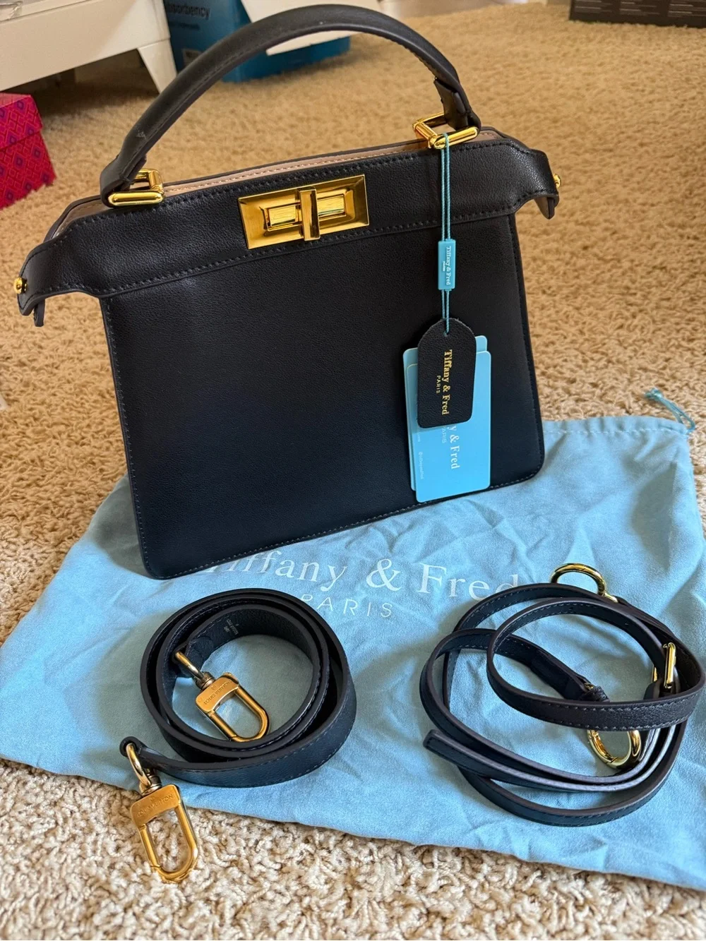 Tiffany & Fred Black Leather Top-Handle Satchel with Gold Hardware